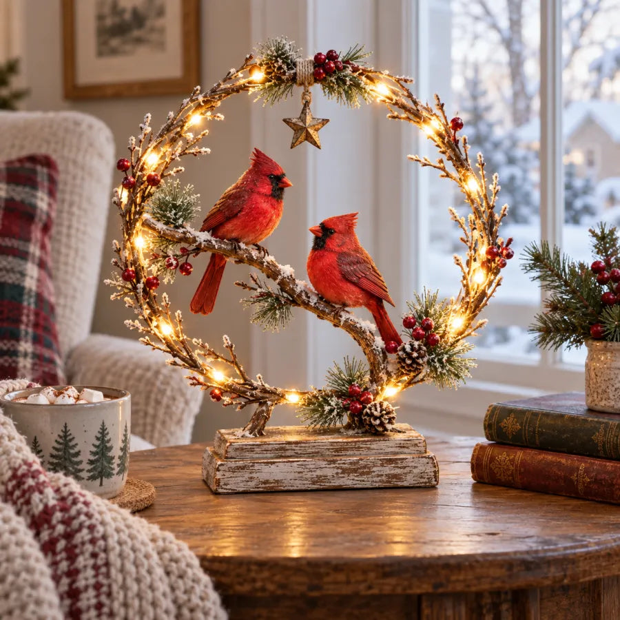 Lighted cardinal ornament on a cozy table beside a snowy window