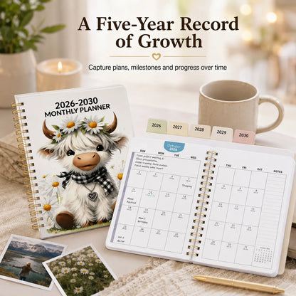 🐮  Cute Cow 5-Year Planner 2026–2030 | Monthly Organizer with Farmhouse Cover, Goal Tracking Pages & Long-Term Planning Layout ✨