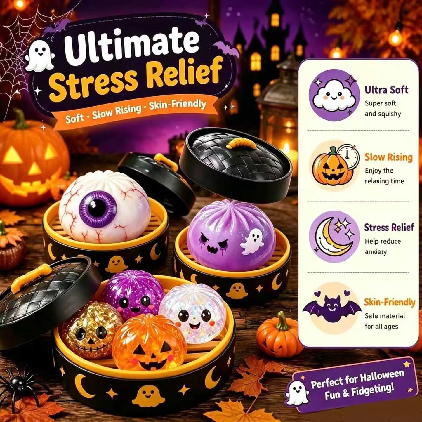 🎃 Halloween Mystery Blind Box – Cute Dumpling Squishy Toy with Mini Steamer Box, 5 Spooky Designs to Collect, Slow Rising Stress Relief