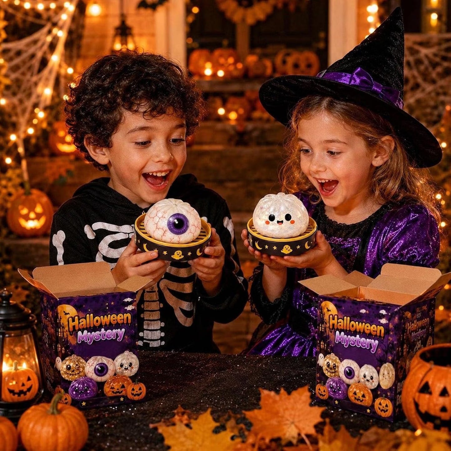 🎃 Halloween Mystery Blind Box – Cute Dumpling Squishy Toy with Mini Steamer Box, 5 Spooky Designs to Collect, Slow Rising Stress Relief