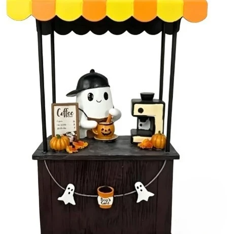 🎃 Cute Ghost Coffee Stand Figurine – Resin Halloweena Tabletop Decor with Mini Barista Bar, Perfect Fall Gift