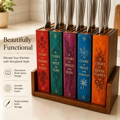 📚 Storybook Wooden Knife Block – Decorative Book Spine Kitchen Holder for 5 Knives