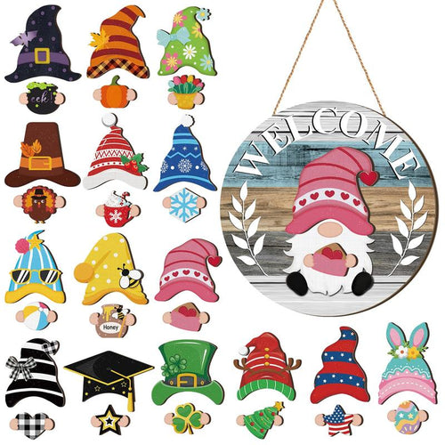 🎄Interchangeable Gnome Welcome Sign🧲 | Magnetic Seasonal Hat & Hand Inserts Round Wooden Door Hanger for Front Porch Decor