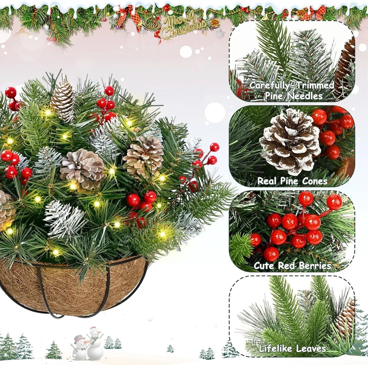 🧺 Christmas Hanging Basket – Frosted Pine, Cones & Berries with Metal Hook