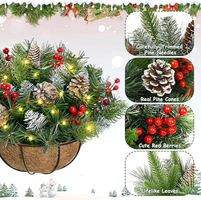 🧺 Christmas Hanging Basket – Frosted Pine, Cones & Berries with Metal Hook