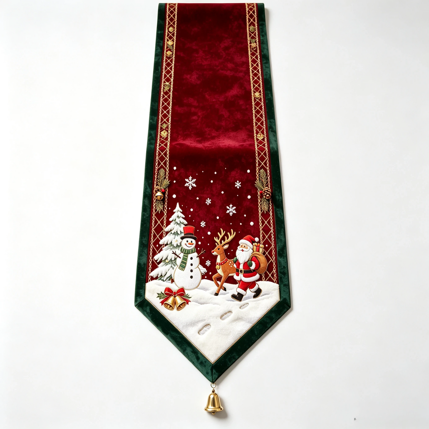 🎄 Embroidered Christmas Table Runner – Velvet Holiday Decor with Golden Bell, 3 Sizes for Dining Tables