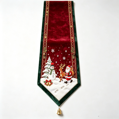 🎄 Embroidered Christmas Table Runner – Velvet Holiday Decor with Golden Bell, 3 Sizes for Dining Tables