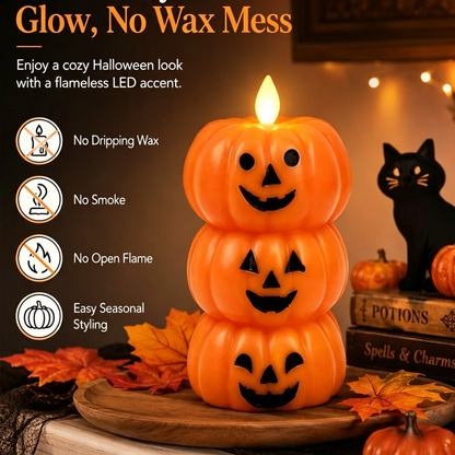 🎃 Safe Flameless Stacked Pumpkin Candle – Halloween LED Decor with Moving Flame & Smiling Faces