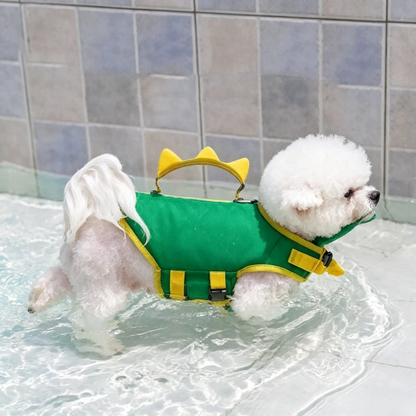 🦖 Cute Dinosaur Dog Life Jacket – Adjustable Pet Swim Vest with Rescue Handle & Reflective Strip
