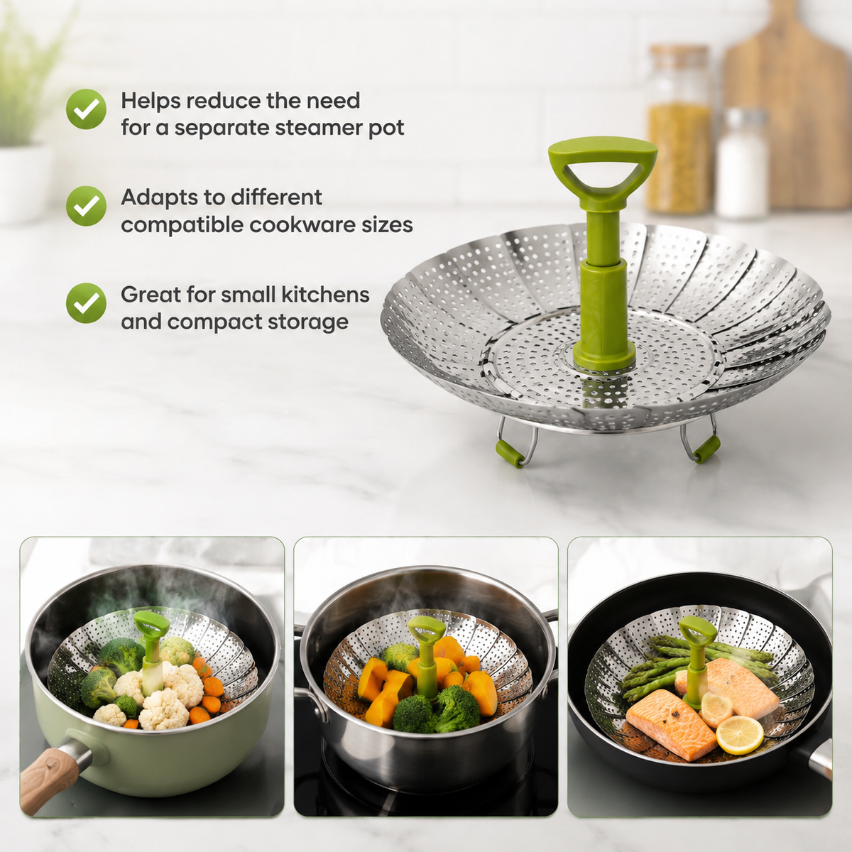 One Steamer Basket. Multiple Pot Sizes