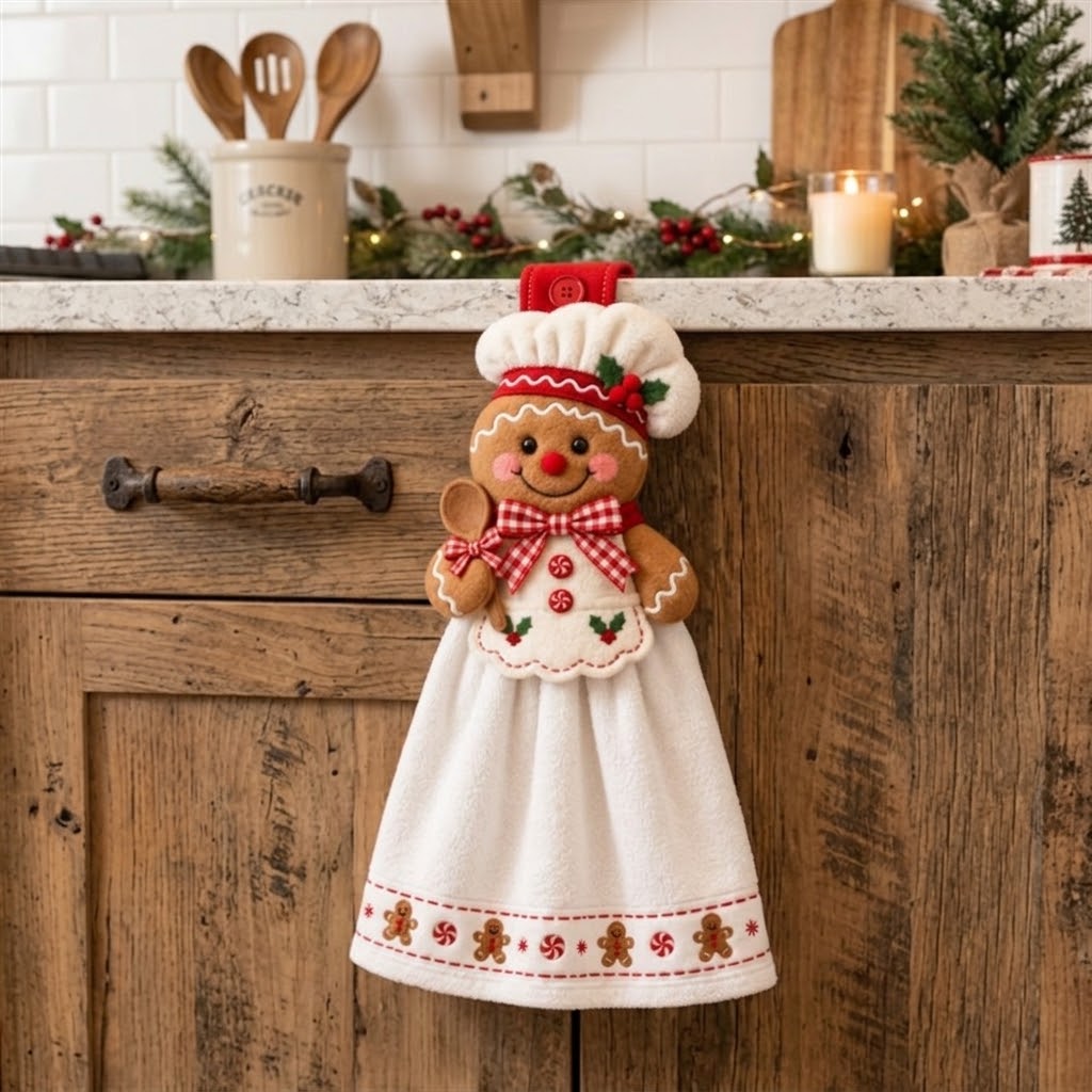 🎄 Christmas Hanging Kitchen Towel, Snowman Gingerbread Reindeer Decorative Hand Towel