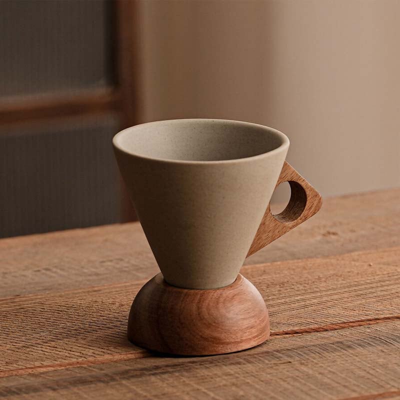 ☕ Handmade Ceramic Pour Over Coffee Dripper with Wooden Handle & Base