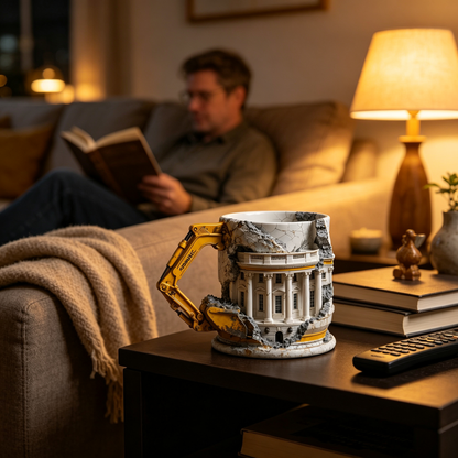 🚧3D Excavator Ruin Building Mug🏗️ Industrial Sculpted Coffee Cup, Unique Gift for Engineers & Construction Lovers