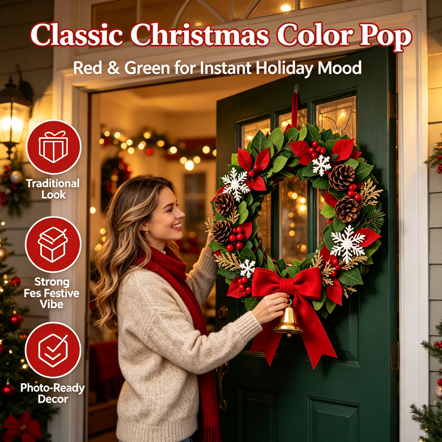 ✨Elegant Christmas Wreath for Front Door｜Lush Artificial Pine Wreath with Berries Golden Ornaments Holiday Decoration