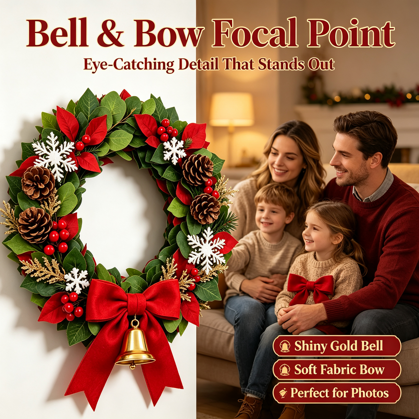 ✨Elegant Christmas Wreath for Front Door｜Lush Artificial Pine Wreath with Berries Golden Ornaments Holiday Decoration