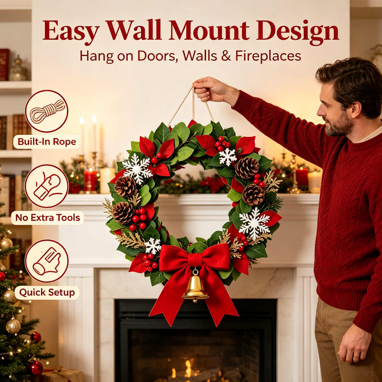 ✨Elegant Christmas Wreath for Front Door｜Lush Artificial Pine Wreath with Berries Golden Ornaments Holiday Decoration