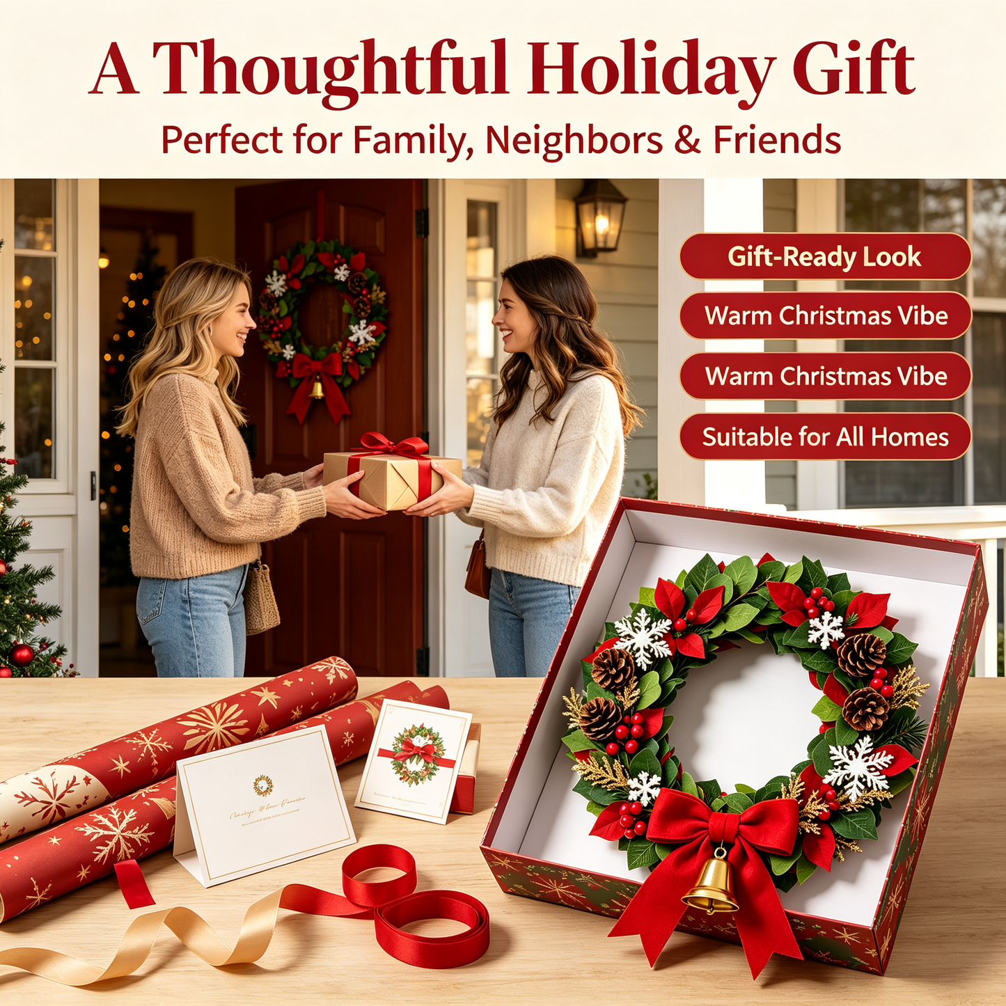 ✨Elegant Christmas Wreath for Front Door｜Lush Artificial Pine Wreath with Berries Golden Ornaments Holiday Decoration