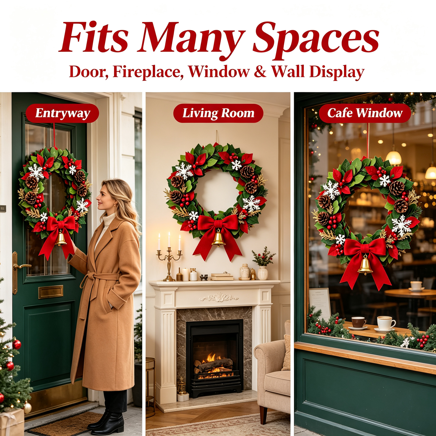 ✨Elegant Christmas Wreath for Front Door｜Lush Artificial Pine Wreath with Berries Golden Ornaments Holiday Decoration