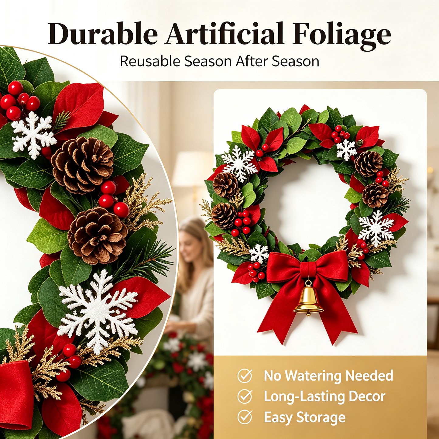 ✨Elegant Christmas Wreath for Front Door｜Lush Artificial Pine Wreath with Berries Golden Ornaments Holiday Decoration