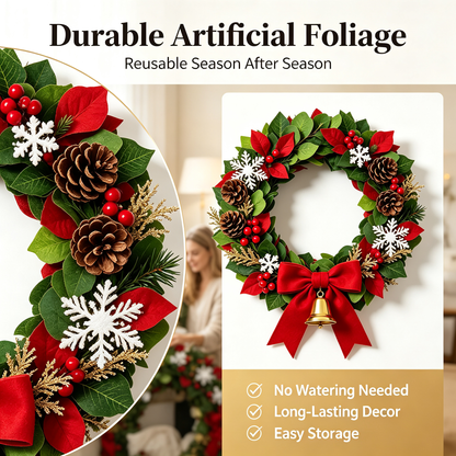 ✨Elegant Christmas Wreath for Front Door｜Lush Artificial Pine Wreath with Berries Golden Ornaments Holiday Decoration