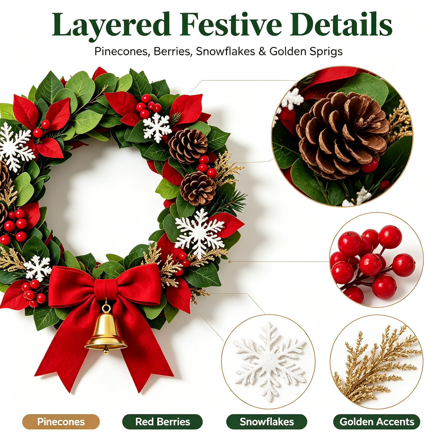 ✨Elegant Christmas Wreath for Front Door｜Lush Artificial Pine Wreath with Berries Golden Ornaments Holiday Decoration
