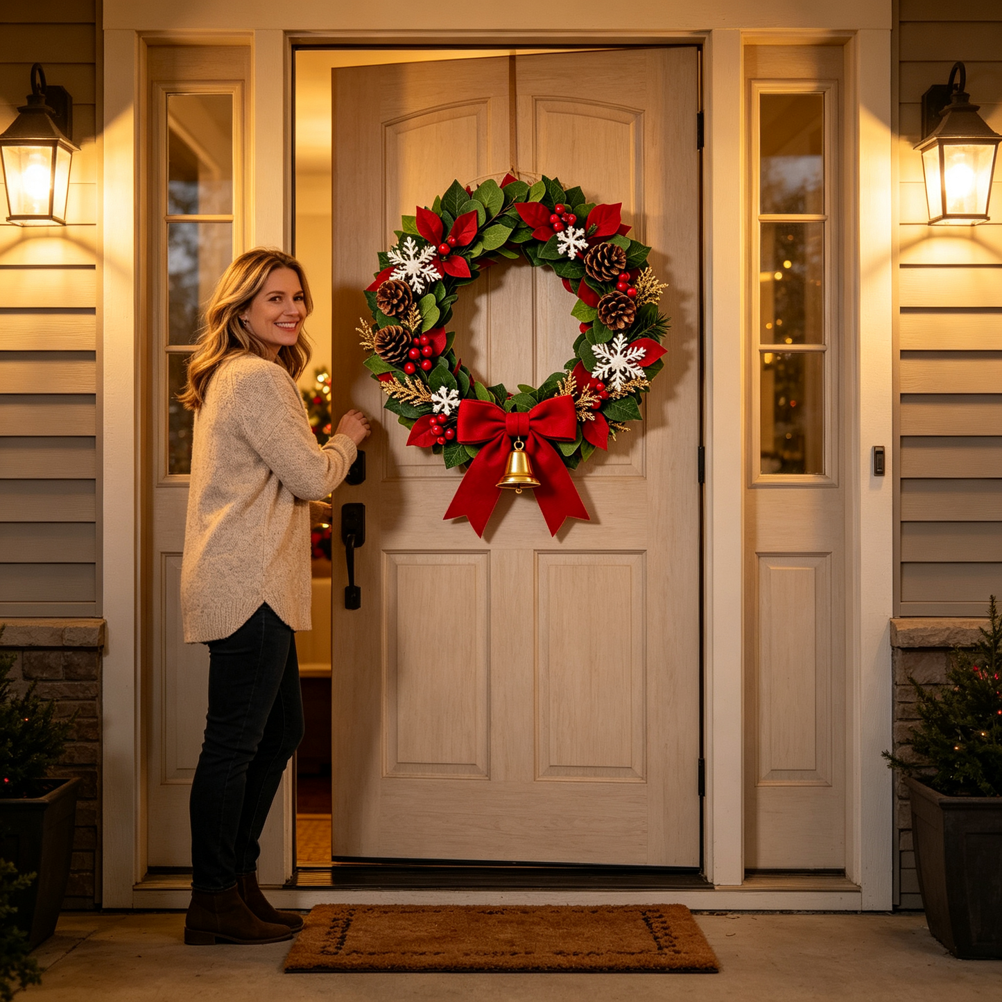 ✨Elegant Christmas Wreath for Front Door｜Lush Artificial Pine Wreath with Berries Golden Ornaments Holiday Decoration