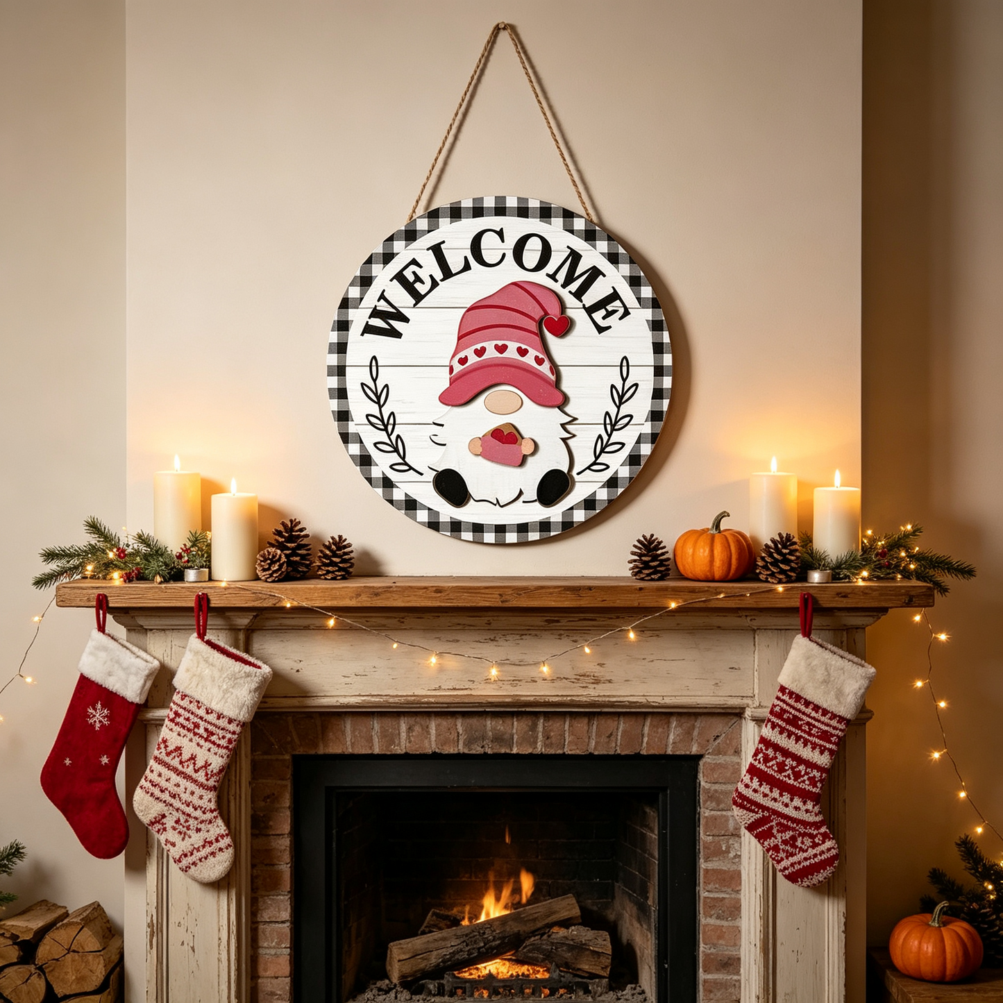 🎄Interchangeable Gnome Welcome Sign🧲 | Magnetic Seasonal Hat & Hand Inserts Round Wooden Door Hanger for Front Porch Decor