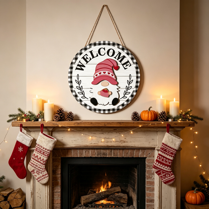 🎄Interchangeable Gnome Welcome Sign🧲 | Magnetic Seasonal Hat & Hand Inserts Round Wooden Door Hanger for Front Porch Decor