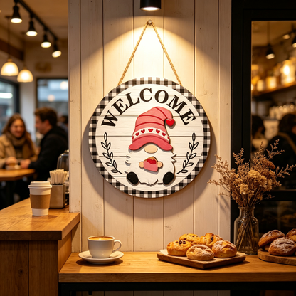 🎄Interchangeable Gnome Welcome Sign🧲 | Magnetic Seasonal Hat & Hand Inserts Round Wooden Door Hanger for Front Porch Decor