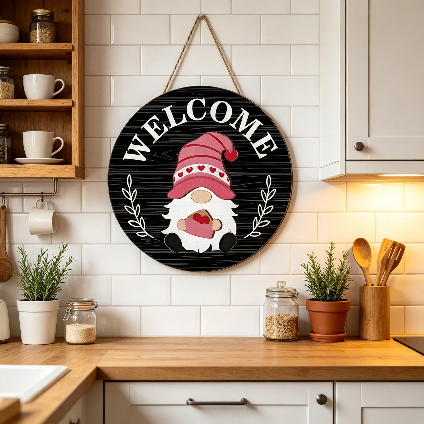 🎄Interchangeable Gnome Welcome Sign🧲 | Magnetic Seasonal Hat & Hand Inserts Round Wooden Door Hanger for Front Porch Decor