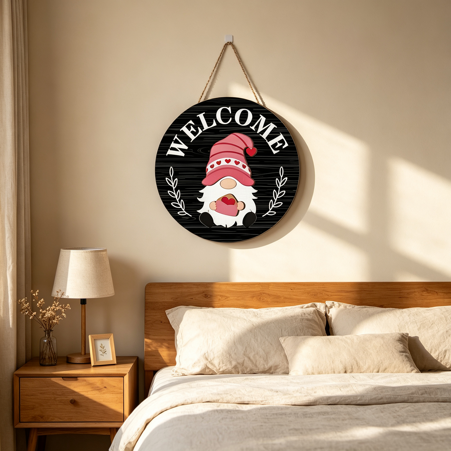 🎄Interchangeable Gnome Welcome Sign🧲 | Magnetic Seasonal Hat & Hand Inserts Round Wooden Door Hanger for Front Porch Decor