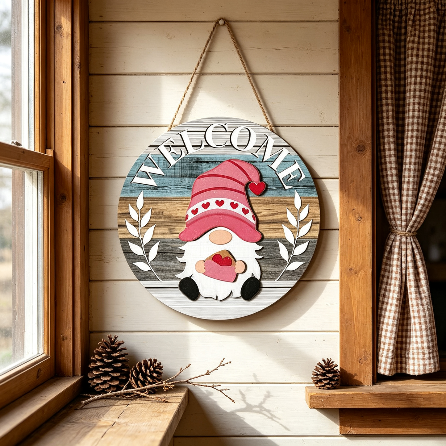 🎄Interchangeable Gnome Welcome Sign🧲 | Magnetic Seasonal Hat & Hand Inserts Round Wooden Door Hanger for Front Porch Decor