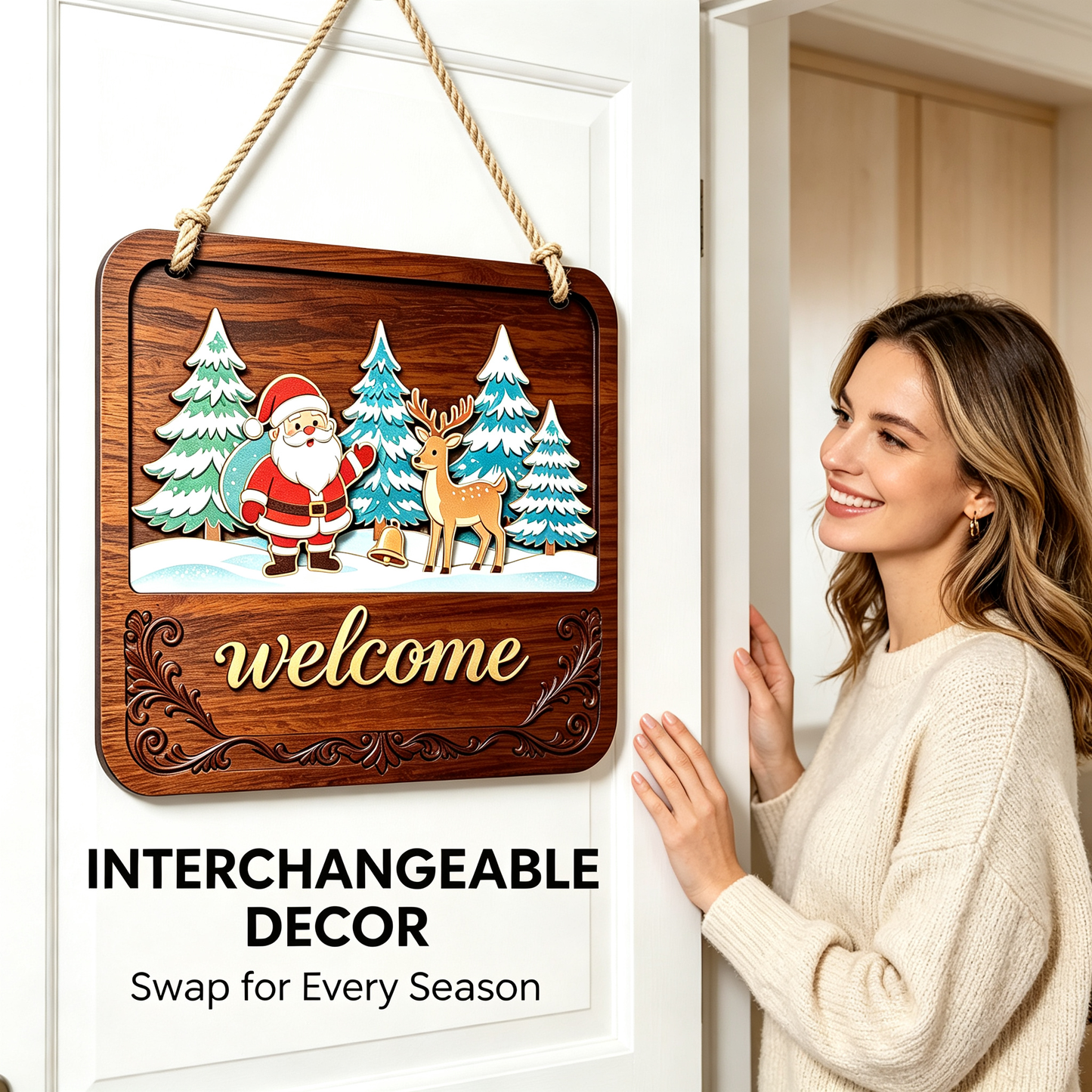 🏡Seasonal Interchangeable Wooden Welcome Sign Rustic Swap‑Out Inserts Door Hanger for Holiday Home Decor
