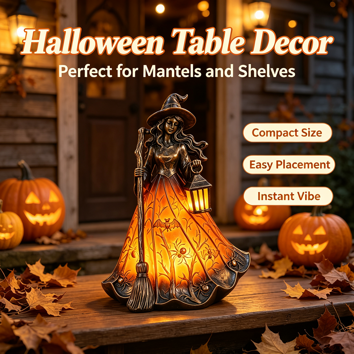 🧙‍♀️Halloween Witch Figurine LED Table Lamp, USB Powered Witch Statue Light for Halloween Tabletop Mantel Decor
