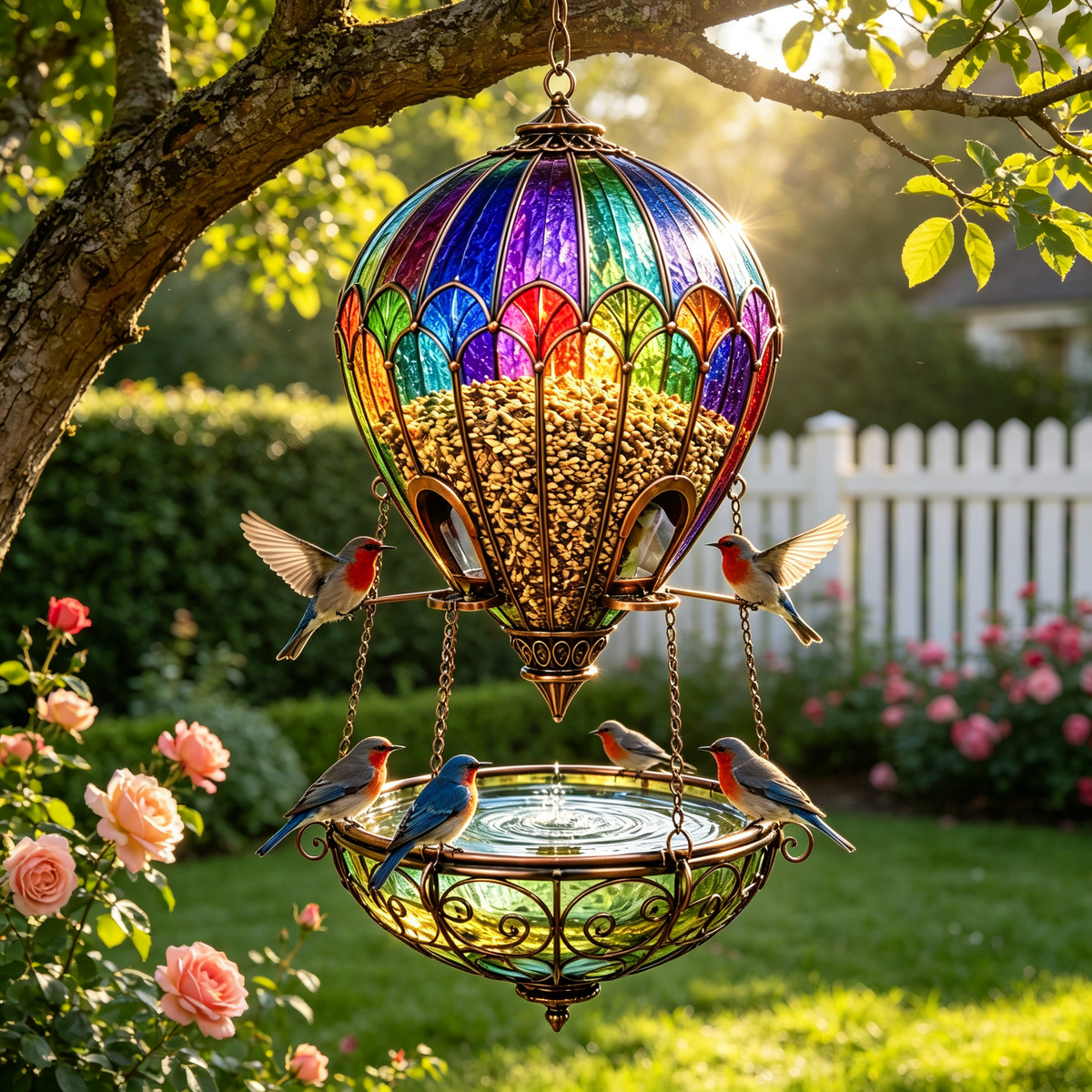 🌈 Stained Glass Hot Air Balloon Bird Feeder & Bird Bath Fountain 🐦