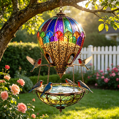 🌈 Stained Glass Hot Air Balloon Bird Feeder & Bird Bath Fountain 🐦