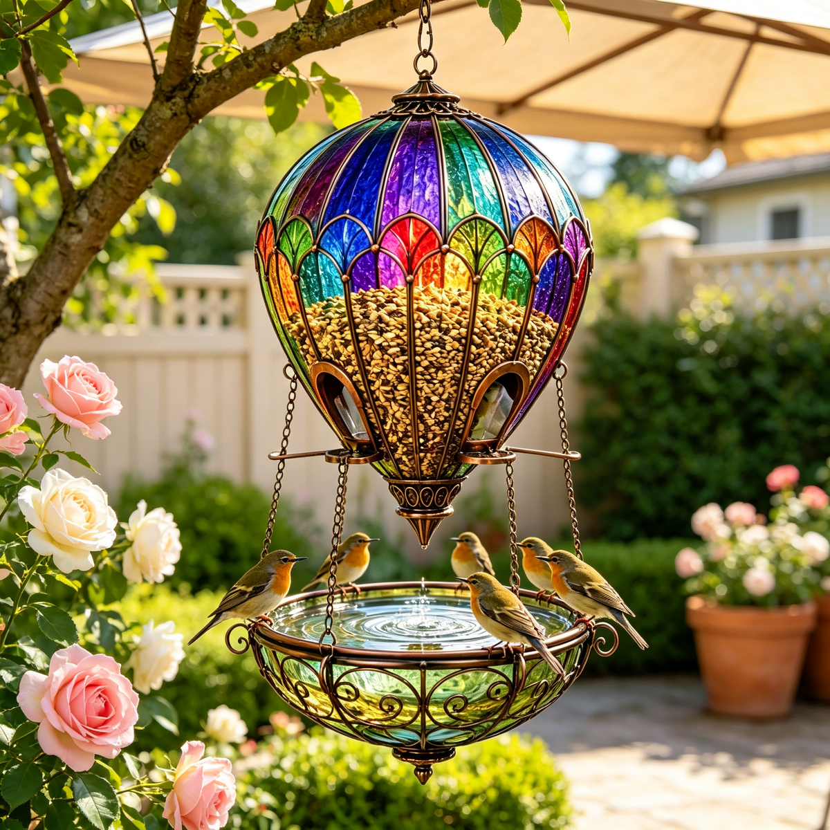 🌈 Stained Glass Hot Air Balloon Bird Feeder & Bird Bath Fountain 🐦