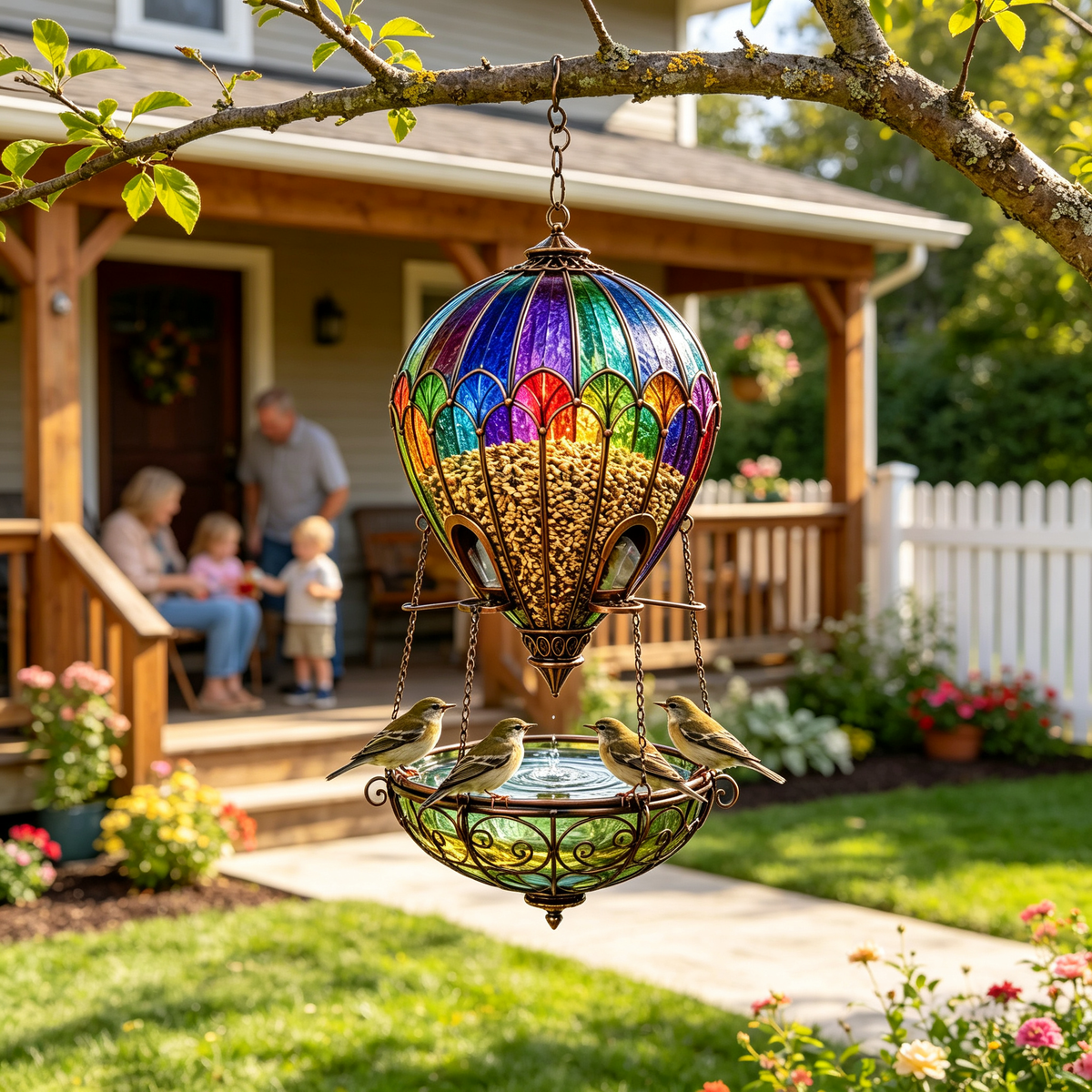 🌈 Stained Glass Hot Air Balloon Bird Feeder & Bird Bath Fountain 🐦