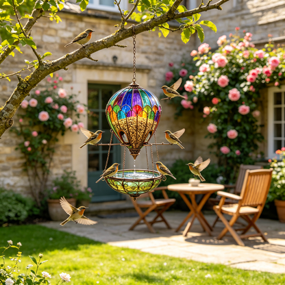 🌈 Stained Glass Hot Air Balloon Bird Feeder & Bird Bath Fountain 🐦