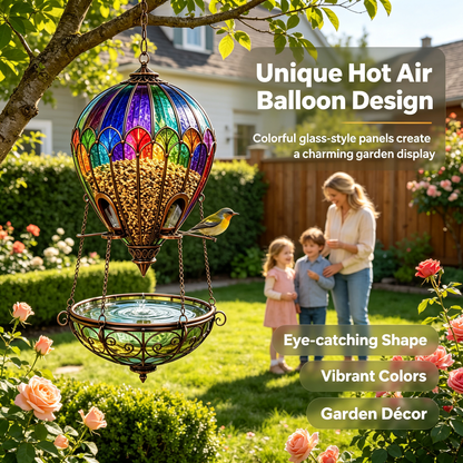 🌈 Stained Glass Hot Air Balloon Bird Feeder & Bird Bath Fountain 🐦