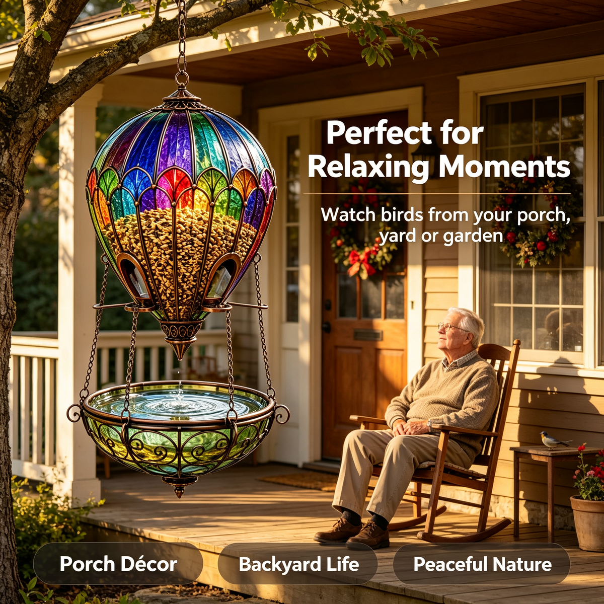 🌈 Stained Glass Hot Air Balloon Bird Feeder & Bird Bath Fountain 🐦