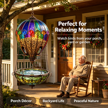 🌈 Stained Glass Hot Air Balloon Bird Feeder & Bird Bath Fountain 🐦