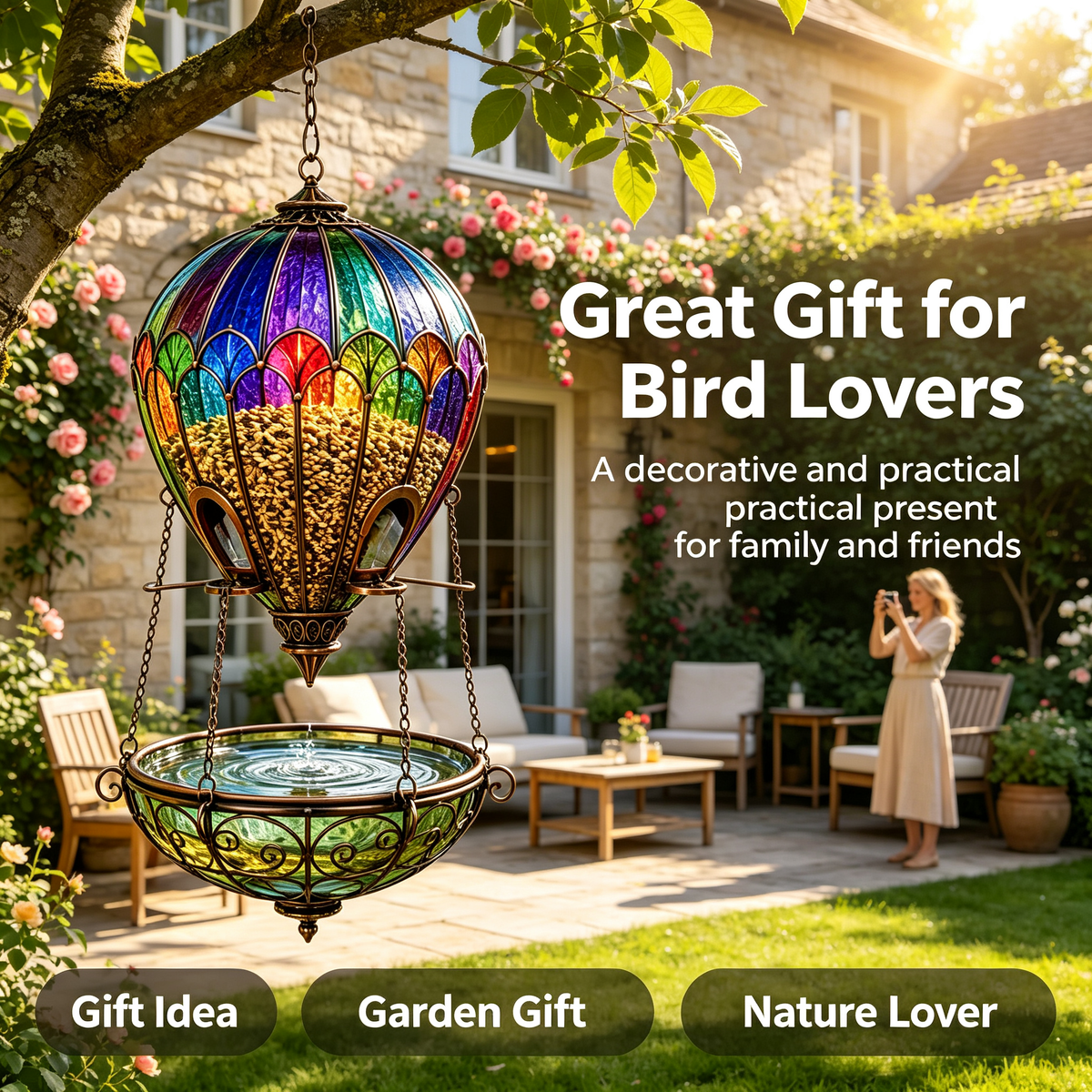 🌈 Stained Glass Hot Air Balloon Bird Feeder & Bird Bath Fountain 🐦
