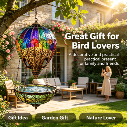 🌈 Stained Glass Hot Air Balloon Bird Feeder & Bird Bath Fountain 🐦