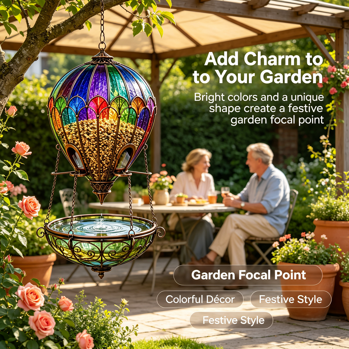 🌈 Stained Glass Hot Air Balloon Bird Feeder & Bird Bath Fountain 🐦