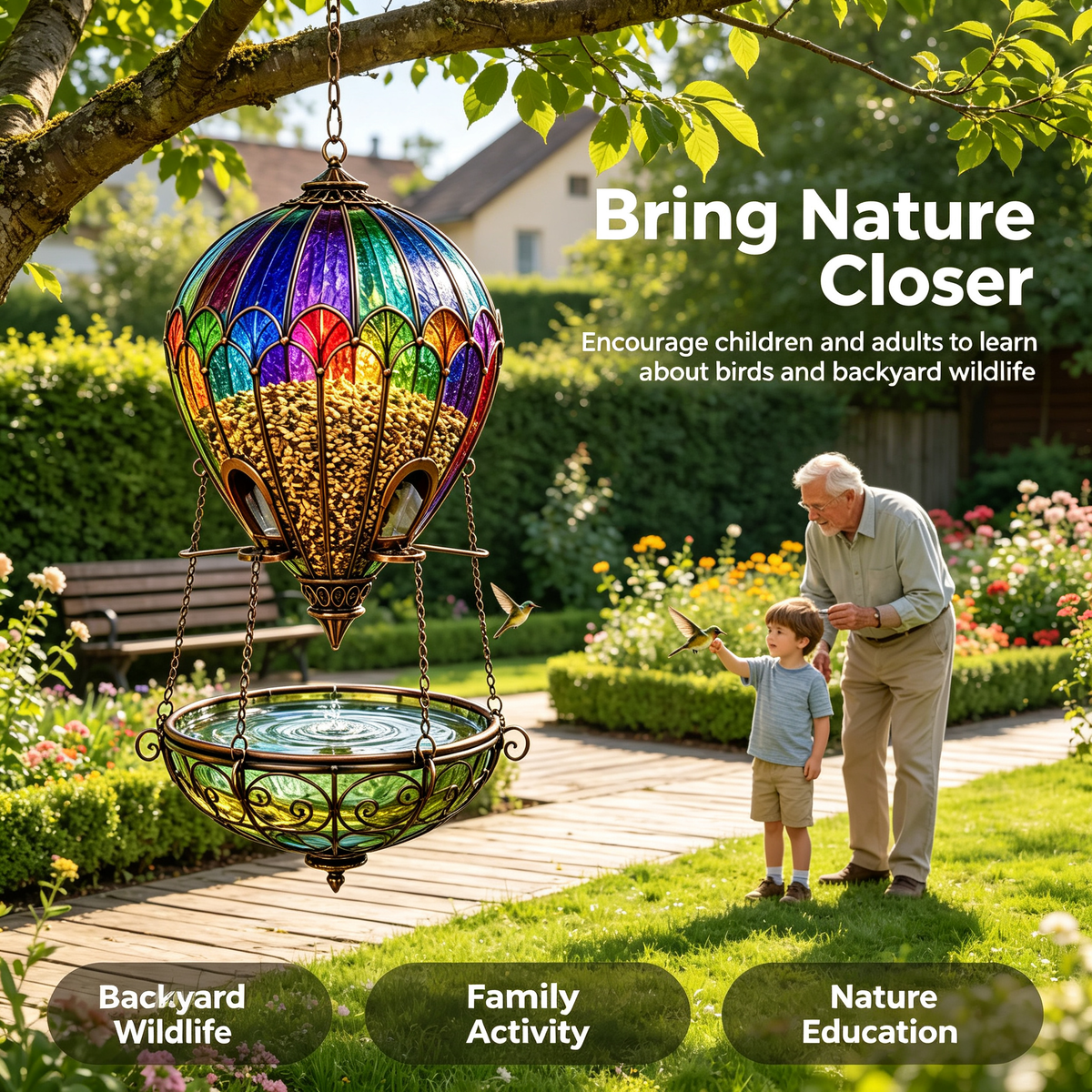 🌈 Stained Glass Hot Air Balloon Bird Feeder & Bird Bath Fountain 🐦