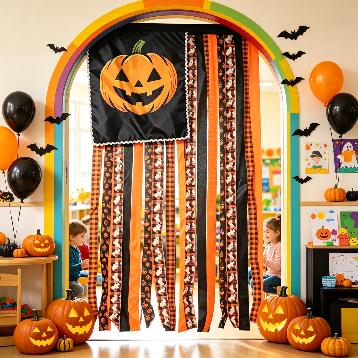 🎃 Halloween Pumpkin Streamer Door Banner | Ghost & Plaid Fabric Hanging Curtain, Spooky Porch Entryway Decor for Halloween Party