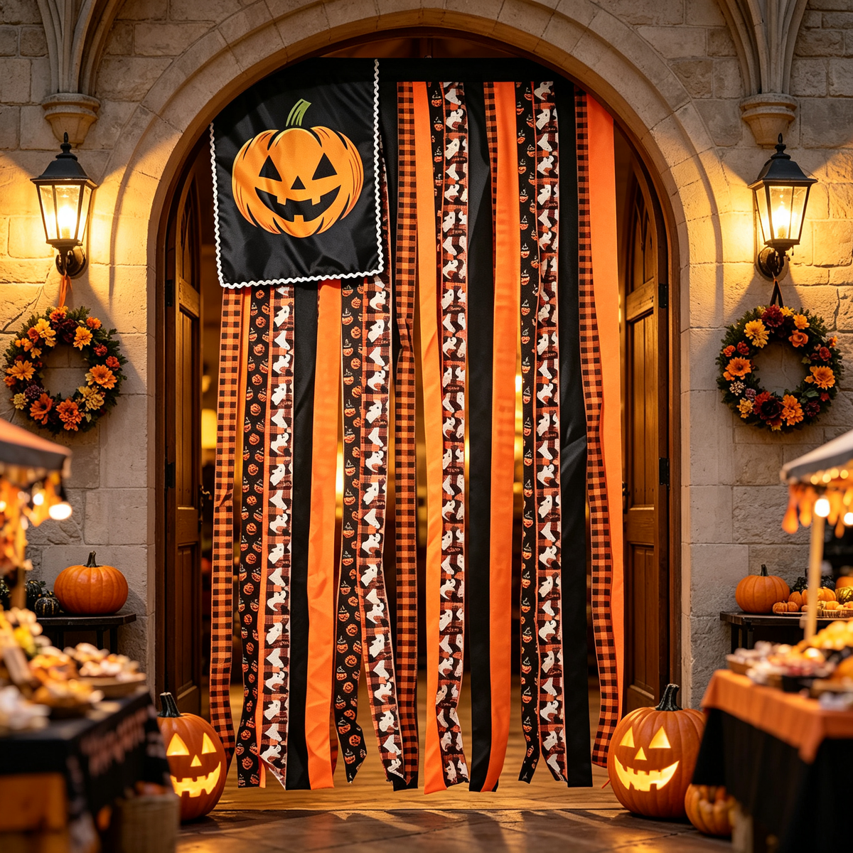 🎃 Halloween Pumpkin Streamer Door Banner | Ghost & Plaid Fabric Hanging Curtain, Spooky Porch Entryway Decor for Halloween Party
