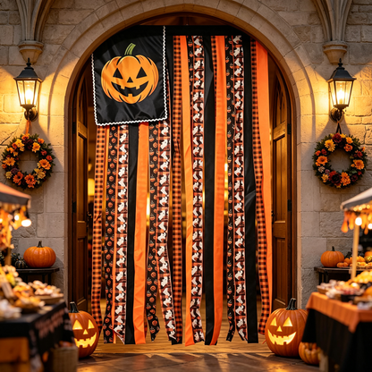 🎃 Halloween Pumpkin Streamer Door Banner | Ghost & Plaid Fabric Hanging Curtain, Spooky Porch Entryway Decor for Halloween Party
