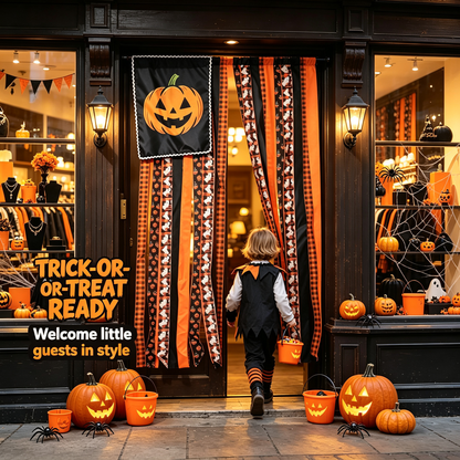🎃 Halloween Pumpkin Streamer Door Banner | Ghost & Plaid Fabric Hanging Curtain, Spooky Porch Entryway Decor for Halloween Party